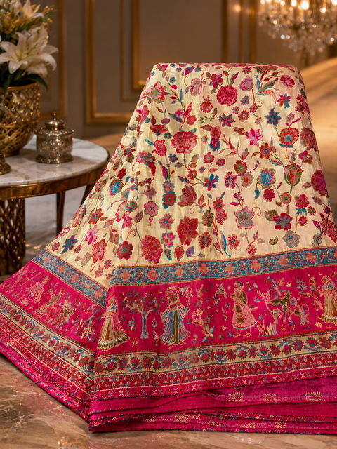 Kashmiri Kalamkari Inspired Soft Silk Saree with vibrant multicolour weaving and an elegant contrast pallu for a rich, timeless look.Blouse piece attached. Model image for reference only. Slight variation in colour and design may occur.