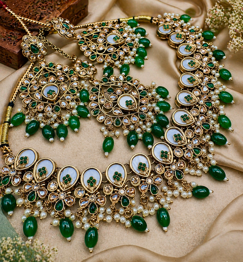 Original Polki stone with pearls beaded work beautiful necklace with earrings and tikka set