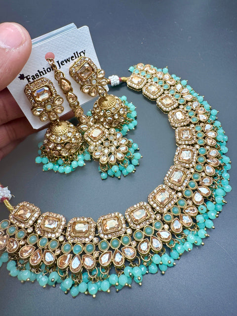 Polki stone with pearls beaded work beautiful necklace with jhumka and tikka set