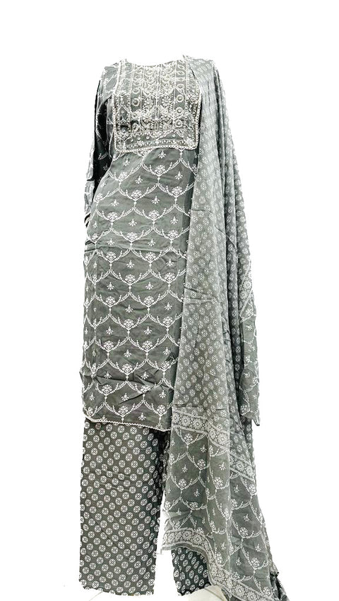 PURE & SOFT COTTON BASED DESIGNER EMBROIDERED & PRINTED WORK KURTI WITH PLAZO PANTS & DUPATTA