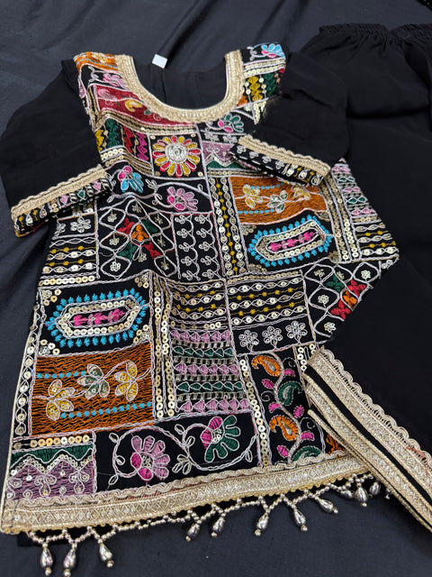 Black color Pure and soft georgette based multicoloured embroidery work girls flared plazo suit with dupatta