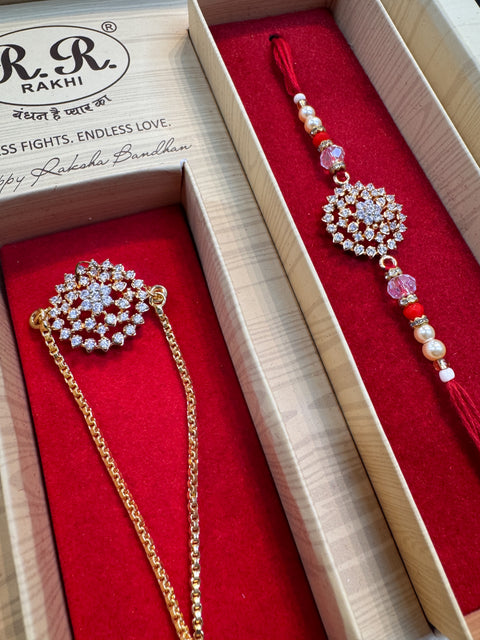 AD stone Work Bhai Bhabhi Rakhi in nice pack gift box with Mishri, Sindoor, Rice, Chandan