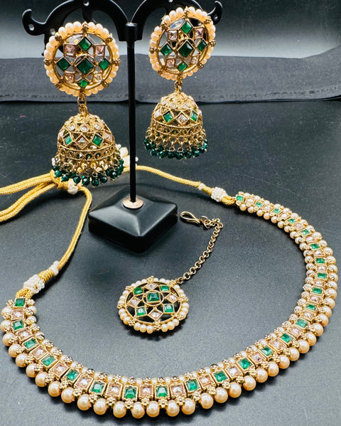 Kundan And Pearls Work Beautiful Necklace Set With Jhumka & Tikka