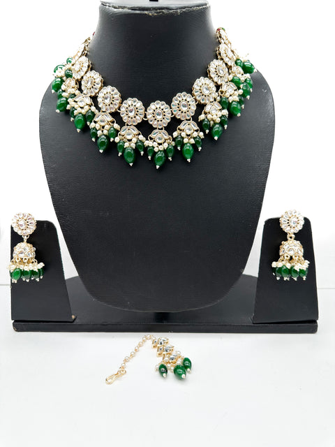 Kundan studded & pearls work designer heavy work Necklace set with beautiful Earrings & Tikka