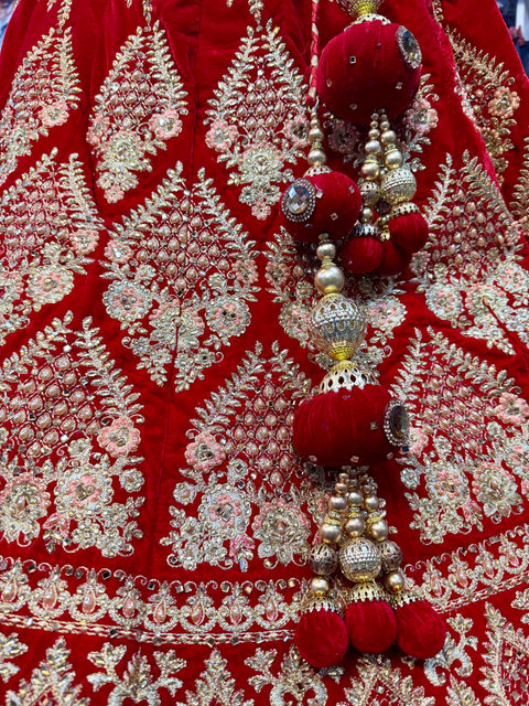 (Video clip attach)Dark Red colour velvet based lehnga with heavy handwork with stones & embroidery work fully heavy flared beautiful designer Readymade Bridal lehnga with very heavy embroidered netting dupatta (heavy latkans attached ) unstitched lehnga