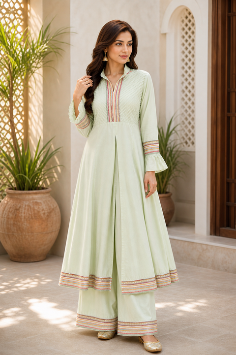 Size 38 Rayon Based Embroidery work Kurti With Plazo pants (slight variance in color and design is possible)