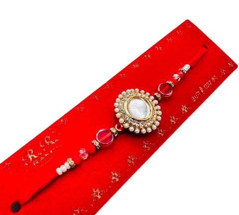 Bhai Bhabhi Pair Beautiful Kundan Stone Studded Rakhi In Beautiful Box Packing With (Rice, Chandan , Mishri, KumKum)