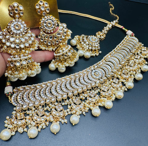 Kundan with pearls work beautiful heavy work choker necklace with designer Jhumka Earrings and Tikka