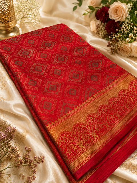 Elegant Soft Silk Blend Saree featuring intricate all-over woven motifs and a rich zari border. The lightweight fabric offers a graceful fall and comfortable drape, Blouse piece is attached with the saree. Slight variation in color and design may occur.