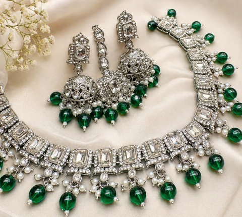 Jerkan stone with pearls beaded work beautiful necklace with jhumka and tikka set
