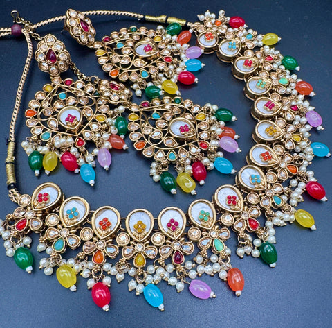 Original Polki stone with pearls beaded work beautiful necklace with earrings and tikka set