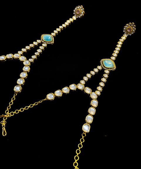 (video clip attached)Pastel Pink & Blue Beautiful uncut Kundan stones with pearls studded very Heavy work necklace with beautiful Jhumka Passa, Sheesh Patti attached to tikka ,Hand Jewellery and Nath NOTE:- original Kundan stones not fake plastic stones)