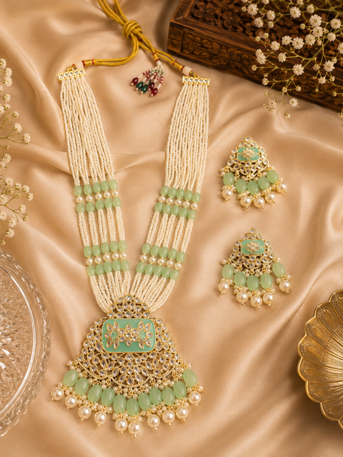 Pearls work with kundan stone & Meenakari work beautiful Rani haar /long necklace set with beautiful Earrings(slight variation in color and design is possible )