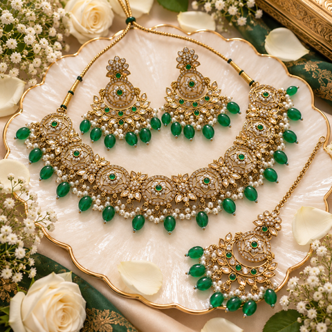 Beautiful polki stones with pearls and colorful stones necklace & earrings with Tikka. Slight variations in colour and design are possible