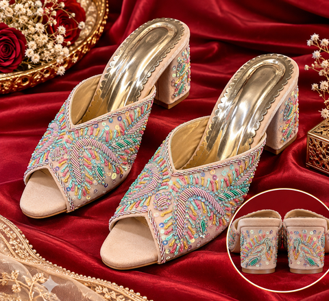 Stylish open-toe block heels with colourful bead, sequin and thread work on the front and heel. Comfortable slip-on design, perfect for weddings, parties and festive outfits.