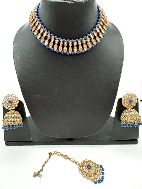 Golden stone with pearls studded simple Necklace with beautiful Jhumka & Tikka set