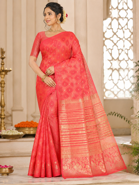 Art silk saree,woven pallu and intricate border.Comes with attached blouse piece (model blouse for reference only)Slight color in color and design may be possible)