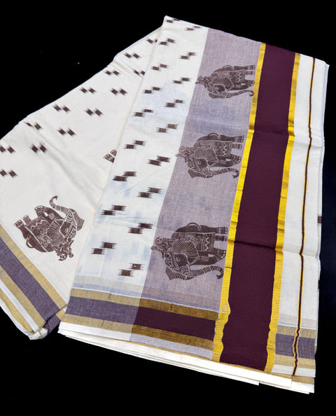 KERALA KASAVU COTTON SAREE WITH BEAUTIFUL ELEPHANT PRINT