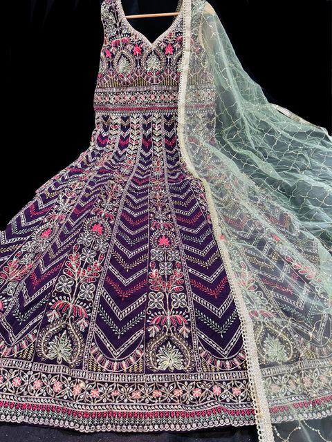 Georgette base embroidery work with sequins and stones work all over at front and back )designer gown/kameez and netting embroidery dupatta