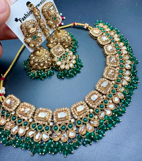 Polki stone with pearls beaded work beautiful necklace with jhumka and tikka set