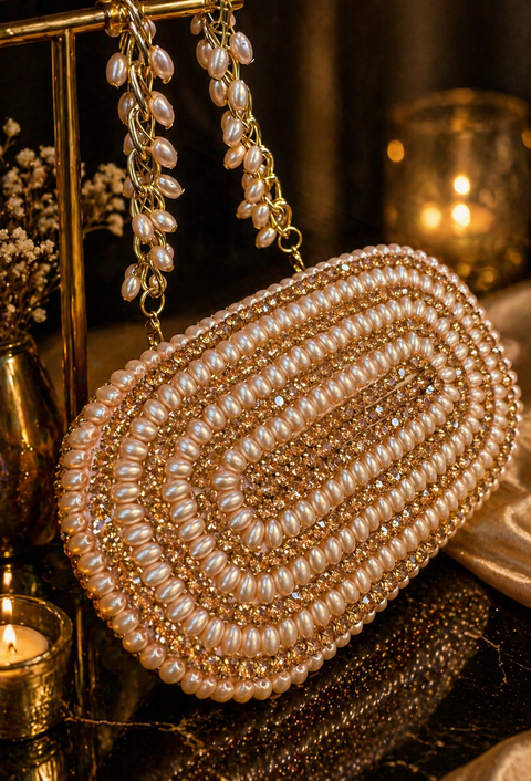 (Video clip attached)Stone work and pearls work beaded Handwork designer clutch bag with handle to carry with chain inside the clutch (can be attached or detached)