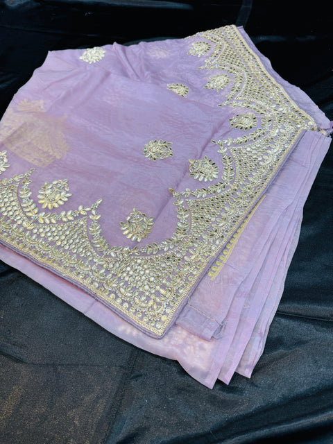 Lavender color Pure and very soft organza Georgette  based embroidery work jaal all over with stone work & gotta patti beautiful Saree