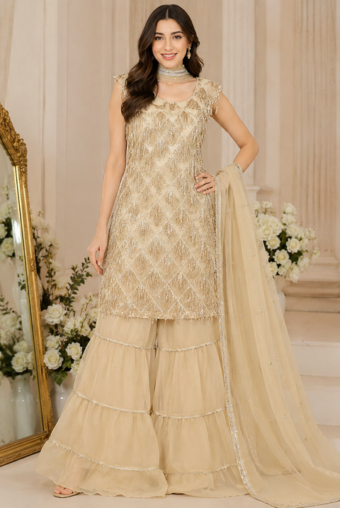 Sequin work with embroidery work georgette based  sharara suit (slight variation in color and design is possible)