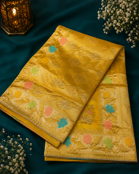 Organza silk saree with stone work and tessels attach on Pallu Model-Worn Blouse Is For Reference Only. Unstitched Blouse Piece Is Attached With Saree(Slight Variation In Color & Design Is Possible)