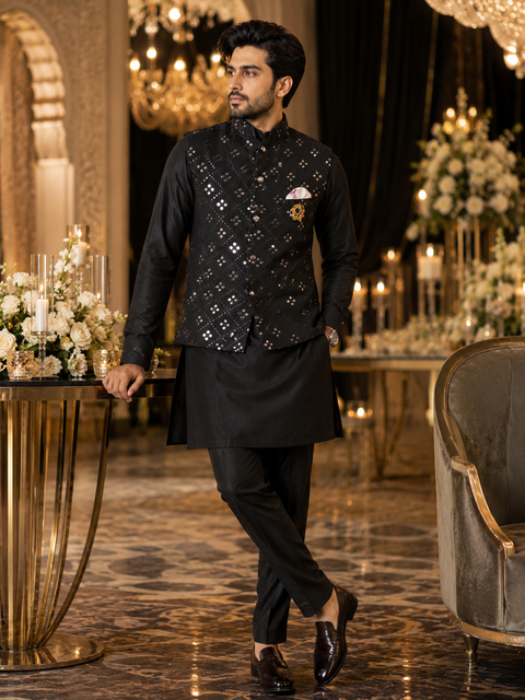 Black colour silk based kurta with black pants  & black colour brocade jacket (slight variation in color and design is possible)