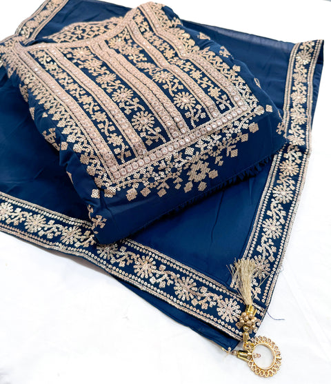 Georgette based embroidery with sequined work designer flared kameez /gown with tights and georgette  based embroidery work dupatta