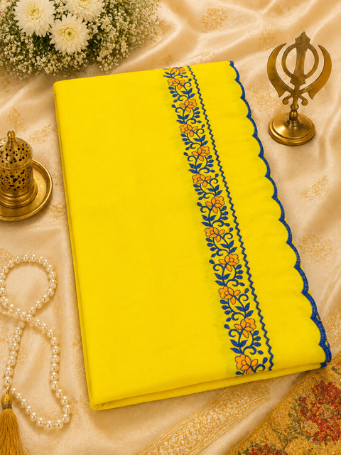 Elegant Hazoori Saropa crafted in rich yellow fabric, adorned with traditional white and yellow embroidery and a delicate scalloped border.Size (around 216cms lenth / 84 cms wide)