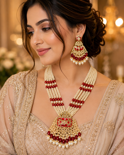 Pearls work with kundan stone & Meenakari work beautiful Rani haar /long necklace set with beautiful Earrings(slight variation in color and design is possible )