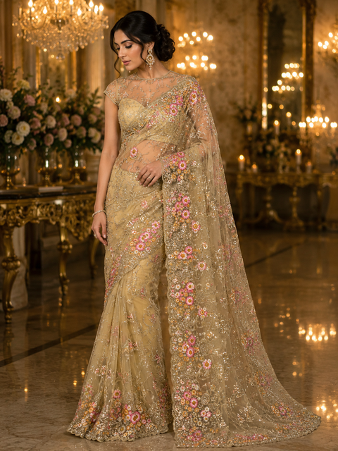 Heavy work designer Saree with netting base fabric and stones work design all over with heavy embroidery .The Blouse Worn By The Model Is For Reference Purposes Only. The Actual Blouse Piece Comes Attached With Saree(Slight Variations Are Possible)