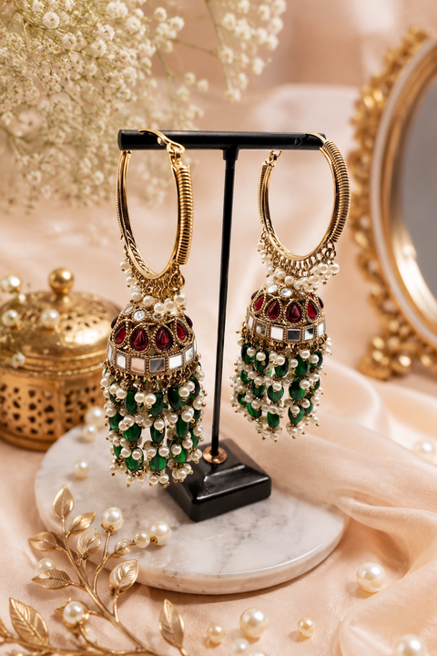 Pearls hanging with mirror work beautiful heavy work designer Jhumka Balian