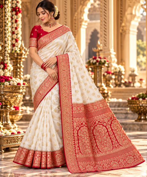 Dola Silk Saree with elegant all-over floral zari weaving and a rich contrasting woven border with detailed pallu. Soft, graceful drape with a luxurious festive look. Contrast blouse piece included.Slight variation in colour and design is possible.
