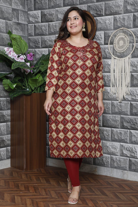 Maroon color Pure Rayon based printed work with mirror design flare Kurti