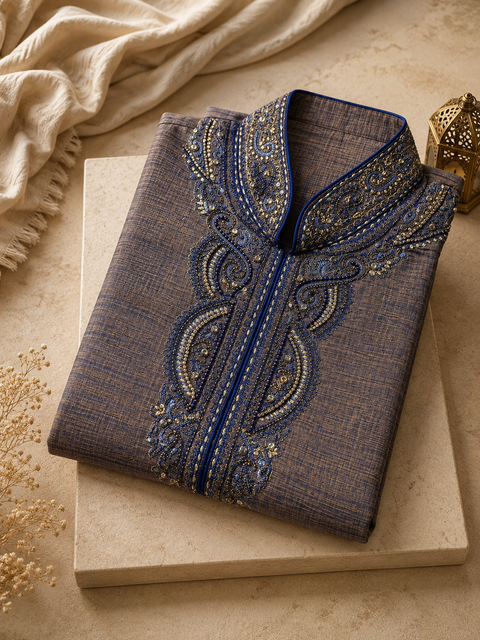 Raw silk based embroidery neck design kurta with pajama pants (slight variation in color and design is possible