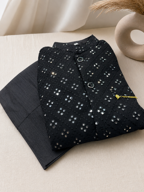 Mirror work Jacket with Raw Silk based Kurta & Pants (slight variation in color and design is possible)