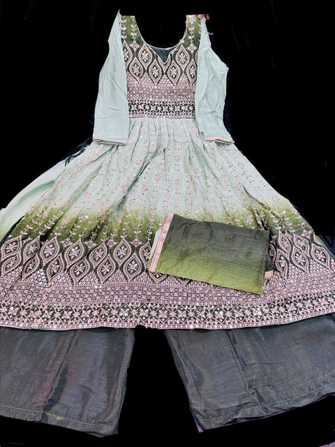 Ombré Georgette based sequined and embroidery work kameez with sharara pants and netting dupatta