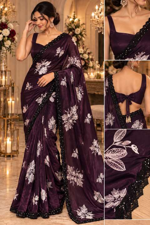 Fendi Silk Saree – Elegant floral print with beautiful black stone handwork border all around. Soft, stylish, two toned shiny. Matching blouse piece attached; model blouse is for reference only. Slight variation in colour/design is possible.