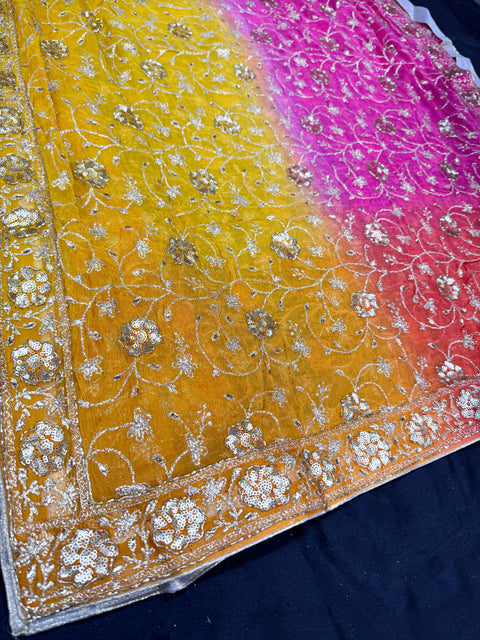 (video clip attached)pink and yellow  color pure chinnon based embroidery work with handwork kameez with plain silk bottom fabric (2.75 mtrs) and chiffon based heavy hand work dupatta