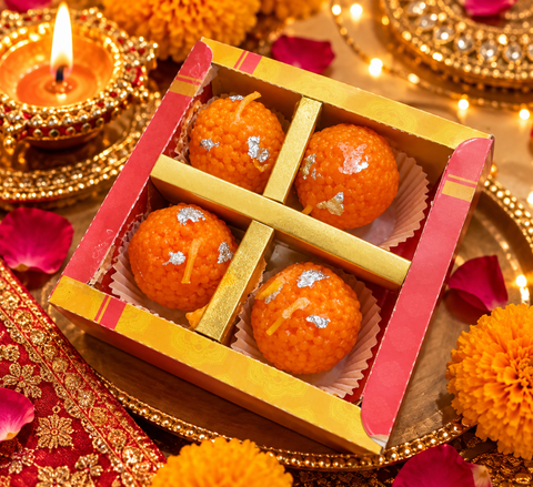 Motichoor Laddoo -Inspired Candle Set with silver foil-style detailing, perfect for Diwali décor, pooja and gifting. Slight variation in shape or finish may occur.