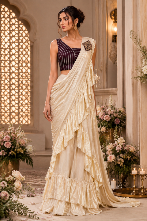 Blouse size (40-42)Ready-to-wear ivory ruffle saree paired with a stylish striped designer blouse — perfect for elegant festive and party looks (few stains of blouse color on saree , price reduced 50%)