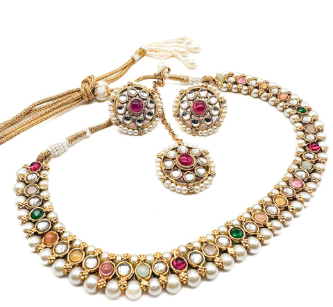 Kundan and Pearls work beautiful necklace set with Jhumka & Tikka