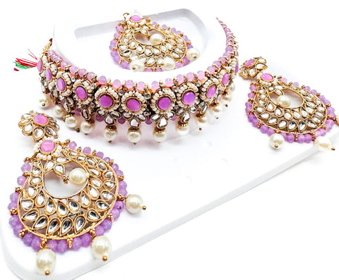 Pearls beaded with Kundan stone beautiful choker necklace with Earrings & Tikka