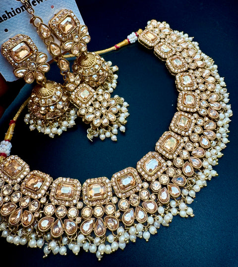 Polki stone with pearls beaded work beautiful necklace with jhumka and tikka set