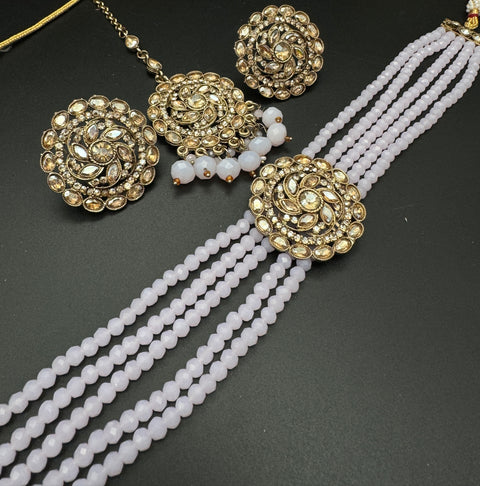 Jerkan fine stone with pearls beaded choker set with beautiful studs & tikka