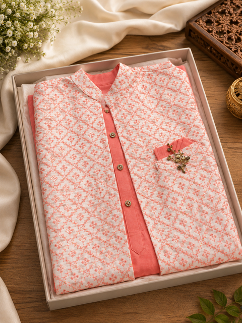Brocade silk designer jacket with plain kurta and pants (slight variation in color & design is possible )