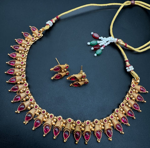 Mat look antique gold traditional necklace set with pearls and kundan work