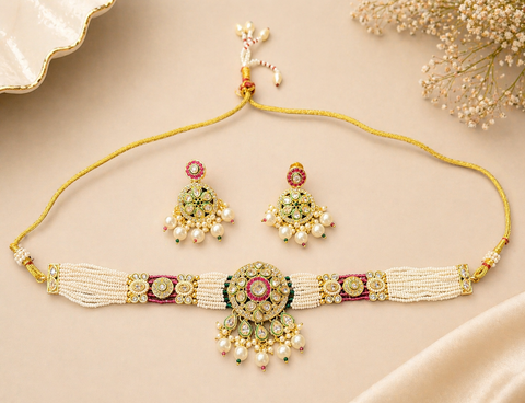 Elegant pearl choker set featuring intricate gold detailing and a statement original kundan-style centerpiece, paired with matching earrings for a timeless look.Perfect blend of tradition and sophistication
